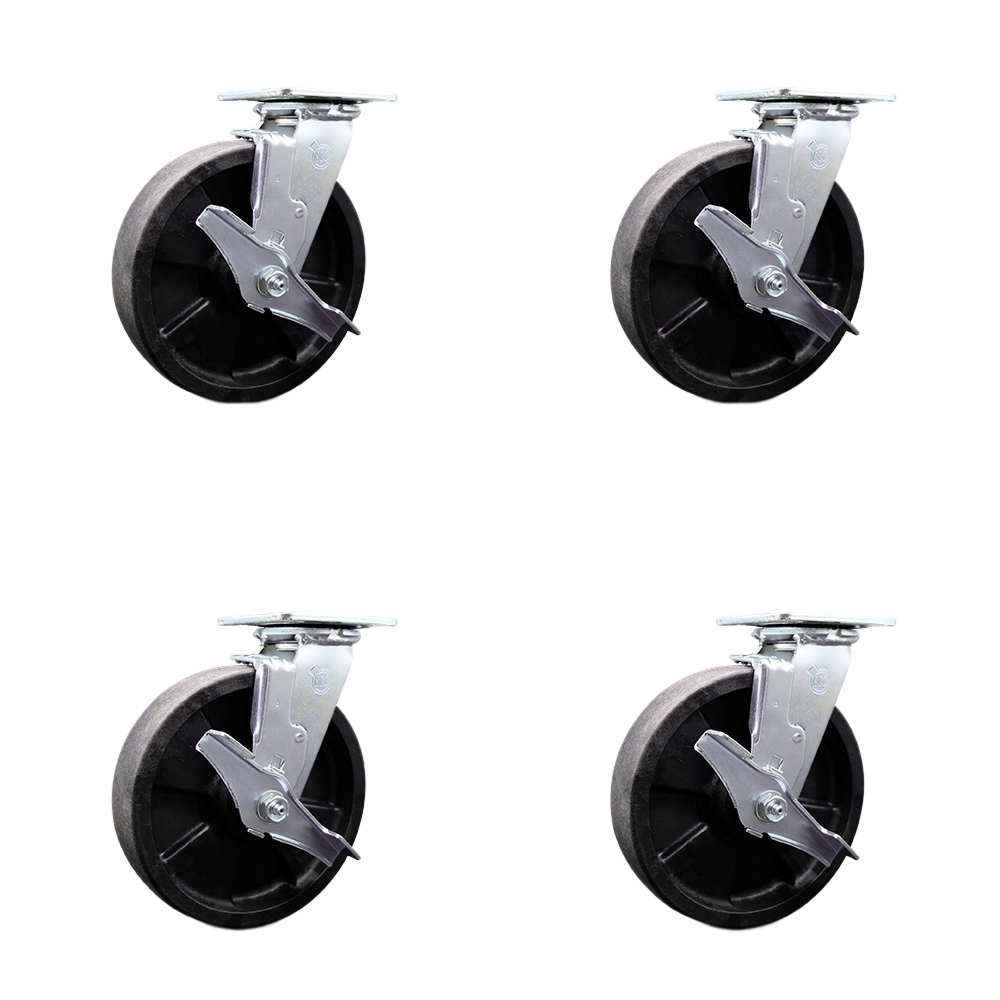 Heavy Duty Swivel Caster Set with 8 Inch High Temp Glass Filled Nylon Wheels and Ball Bearings - Includes 2 Swivel with Brakes and Bolt on Swivel Locks and 2 Swivel with Brakes - Service Caster Brand — photo 1