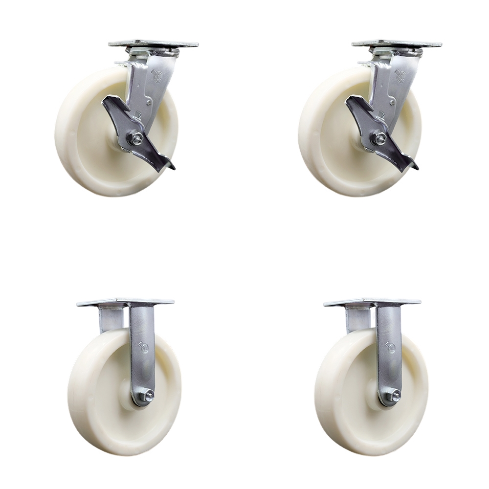 Heavy Duty Swivel Caster Set of 4 with 8 Inch Nylon Wheels and Ball Bearings - Includes 2 Swivel with Brakes and Bolt on Swivel Locks and 2 Rigid - 5,000 lbs. Total Capacity - Service Caster Brand — photo 1