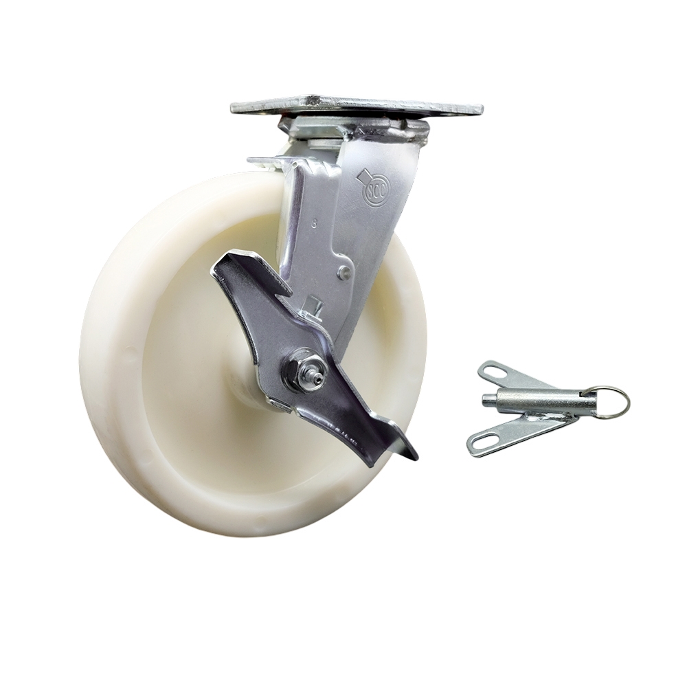 Heavy Duty Swivel Top Plate Caster with Top Lock Brake and Bolt on Swivel Lock and 8 Inch Nylon Wheel with Ball Bearings - 1,250 lbs. Capacity/Caster - Service Caster Brand — photo 1