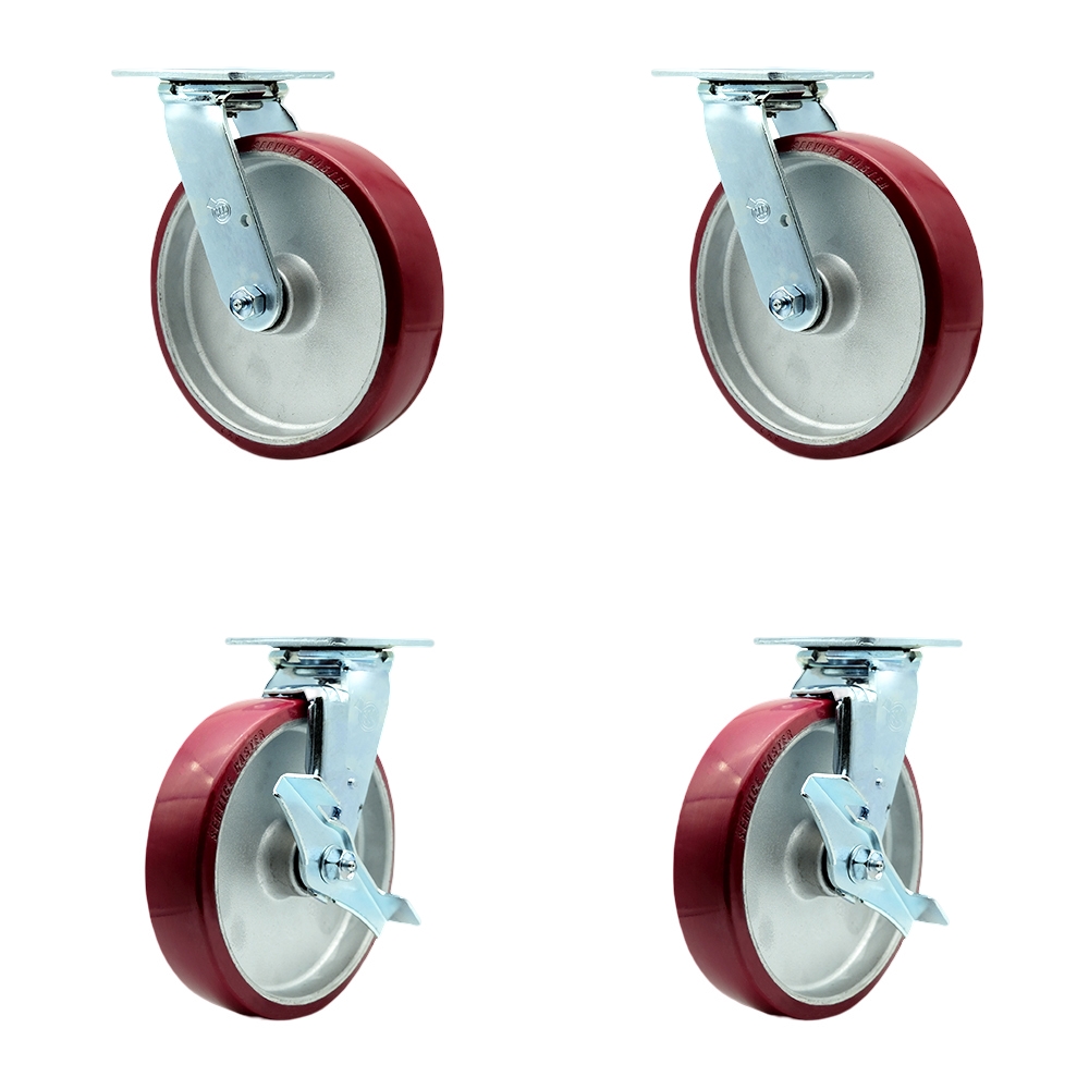 Polyurethane on Aluminum Swivel Top Plate Casters Set of 4 Heavy Duty with 8 Inch Wheels - Includes 2 Swivel with Brakes and 2 Swivel – 5,000 lbs. Total Capacity - Service Caster Brand — photo 1
