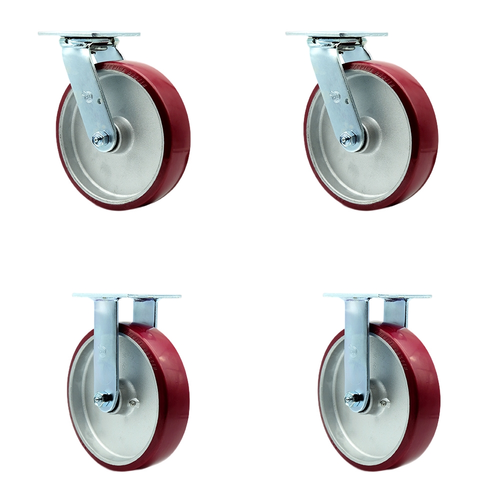 Heavy Duty Swivel Caster Set of 4 with 8 Inch Polyurethane on Aluminum Wheels and Ball Bearings-Includes 2 Swivel with Bolt on Swivel Locks and 2 Rigid-5,000 lbs. Total Capacity - Service Caster Brand — photo 1