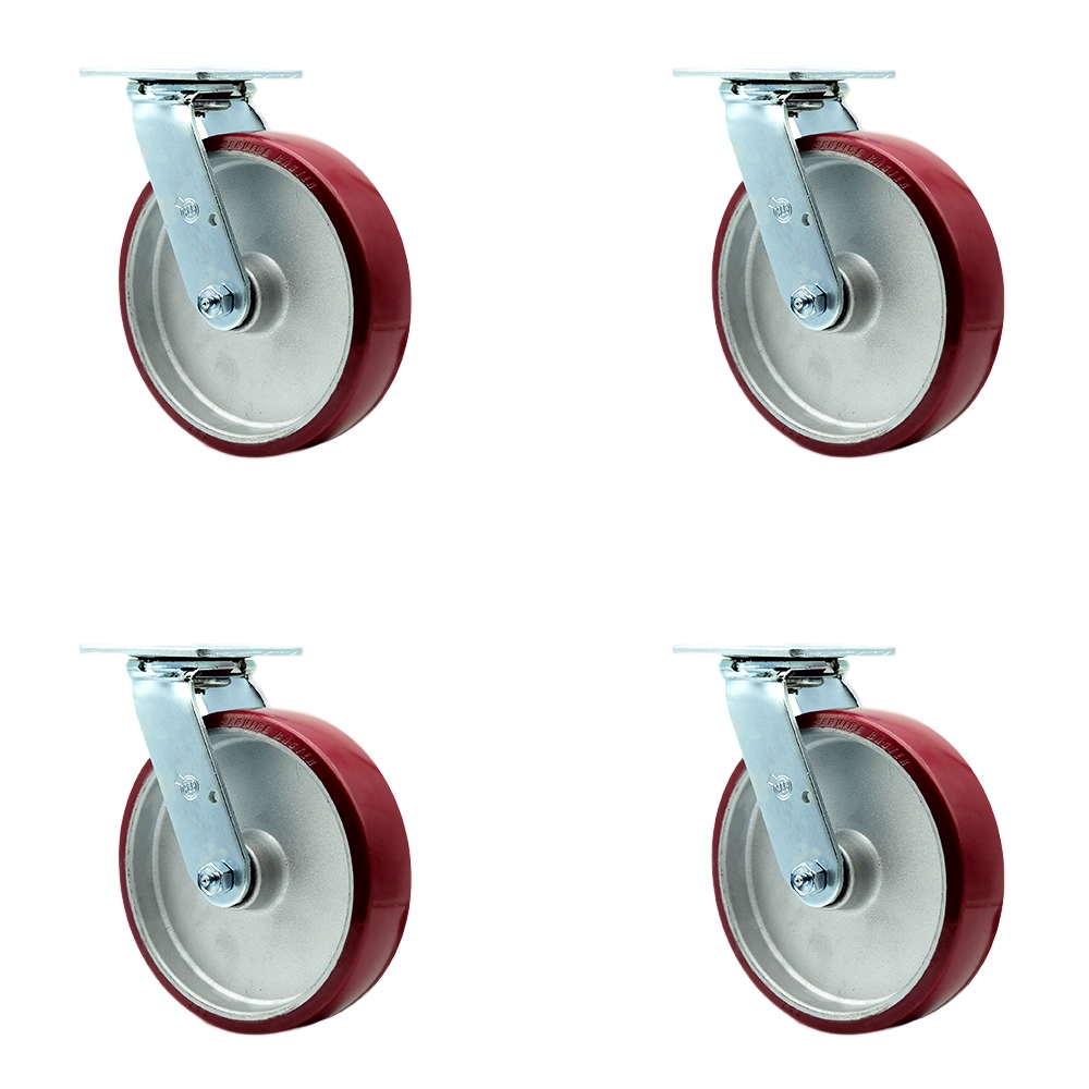 Heavy Duty Swivel Caster Set of 4 with 8 Inch Polyurethane on Aluminum Wheels and Ball Bearings - Includes 4 Swivel with Bolt on Swivel Locks - 5,000 lbs. Total Capacity - Service Caster Brand — photo 1