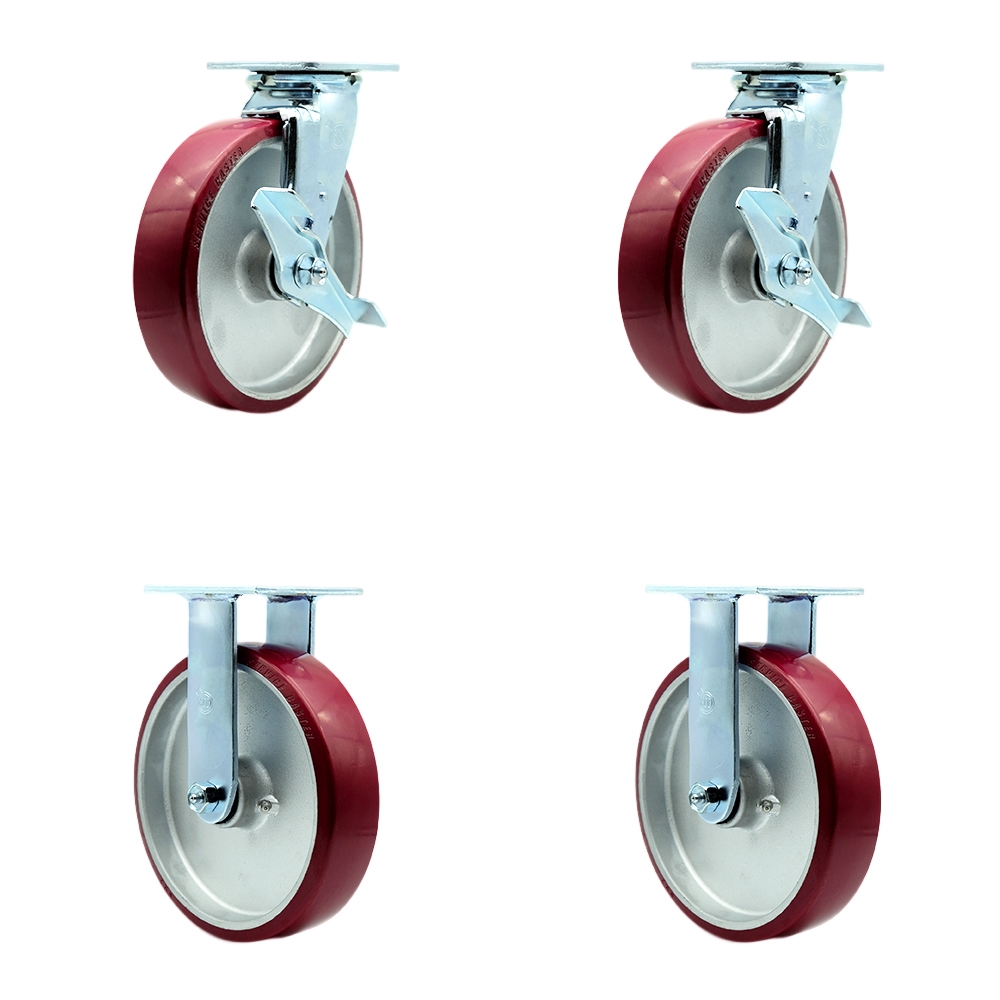 Heavy Duty Swivel Caster Set of 4 with 8 Inch Polyurethane on Aluminum Wheels and Ball Bearings - Includes 2 Swivel with Brakes and 2 Rigid - 5,000 lbs. Total Capacity - Service Caster Brand — photo 1