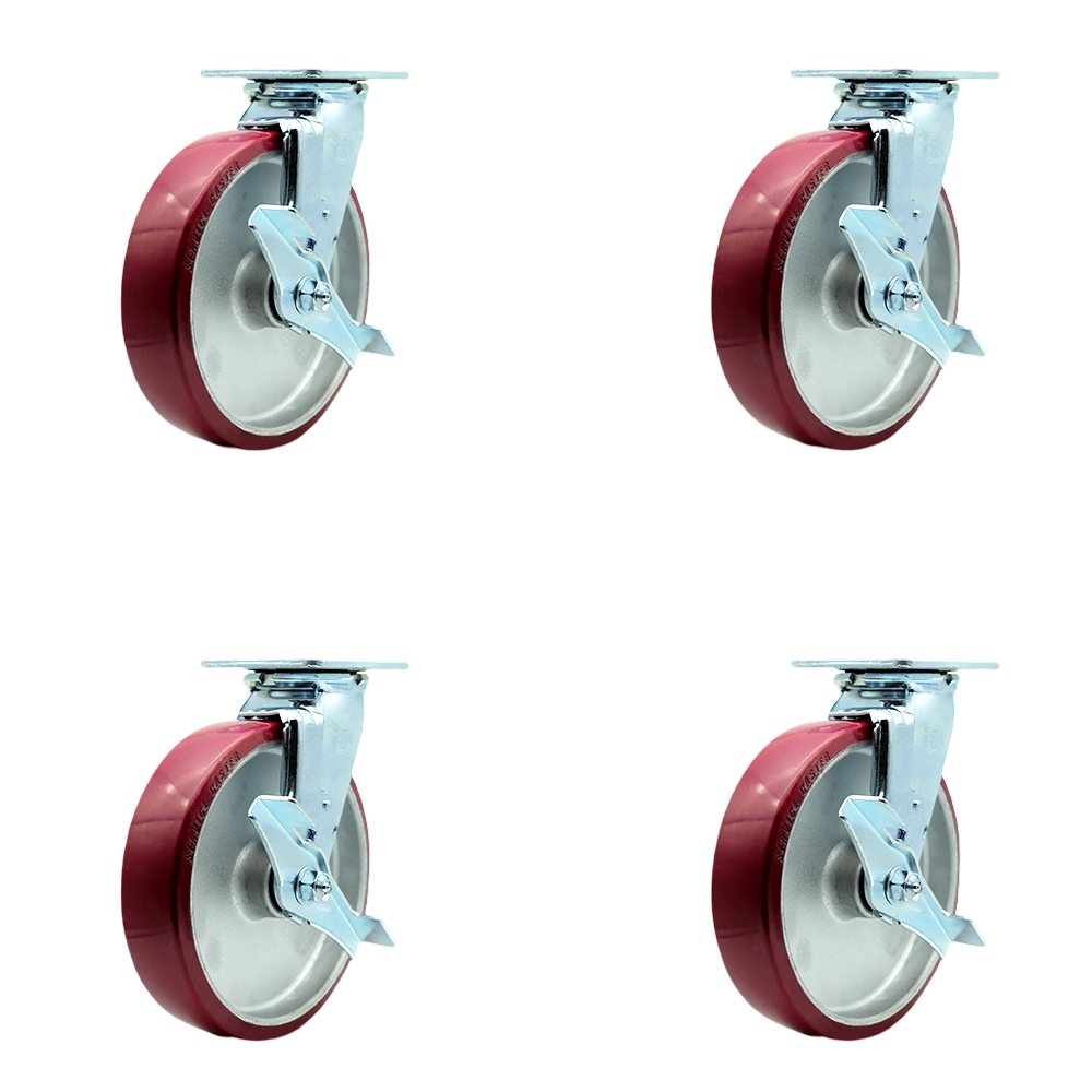 Polyurethane on Aluminum Swivel Top Plate Casters Set of 4 Heavy Duty with 8 Inch Wheels - Includes 4 Swivel with Top Lock Brakes – 5,000 lbs. Total Capacity - Service Caster Brand — photo 1
