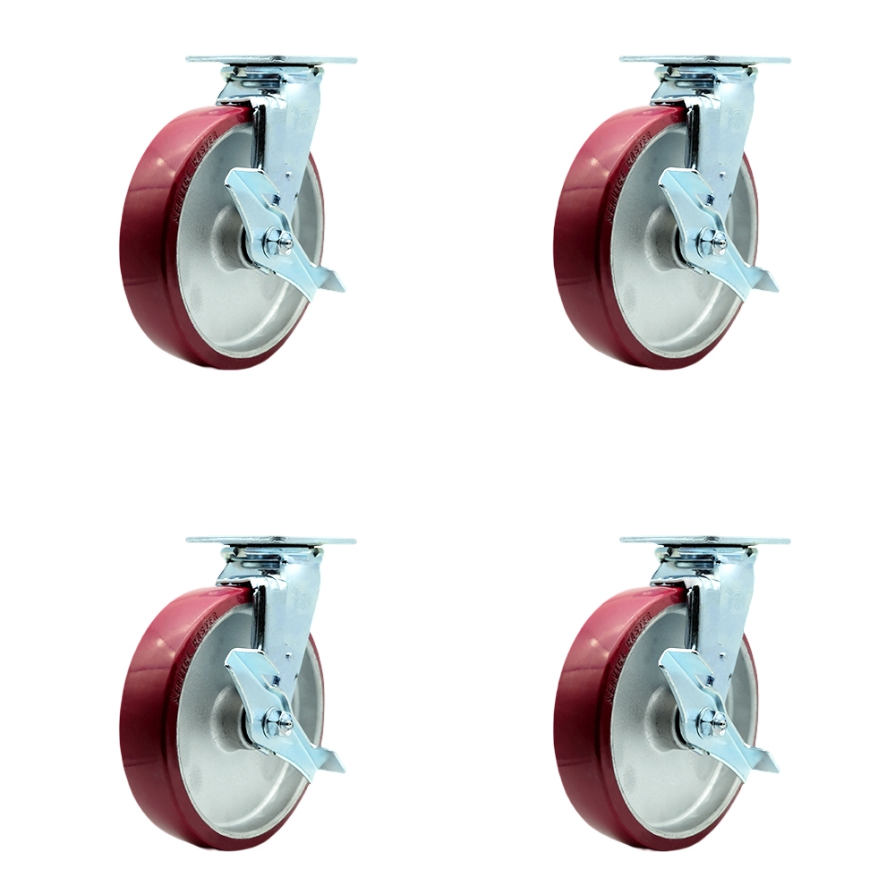 Heavy Duty Swivel Caster Set of 4 with 8 Inch Polyurethane on Aluminum Wheels and Ball Bearings - Includes 2 Swivel with Brakes and Bolt on Swivel Locks and 2 Swivel with Brakes - Service Caster Brand — photo 1