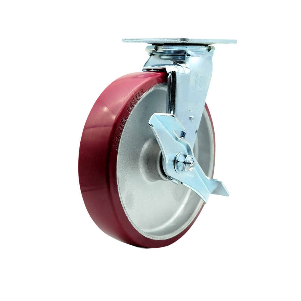 Heavy Duty Swivel Top Plate Caster with Top Lock Brake and 8 Inch Polyurethane on Aluminum Wheel with Ball Bearings - 1,250 lbs. Capacity/Caster - Service Caster Brand — photo 1