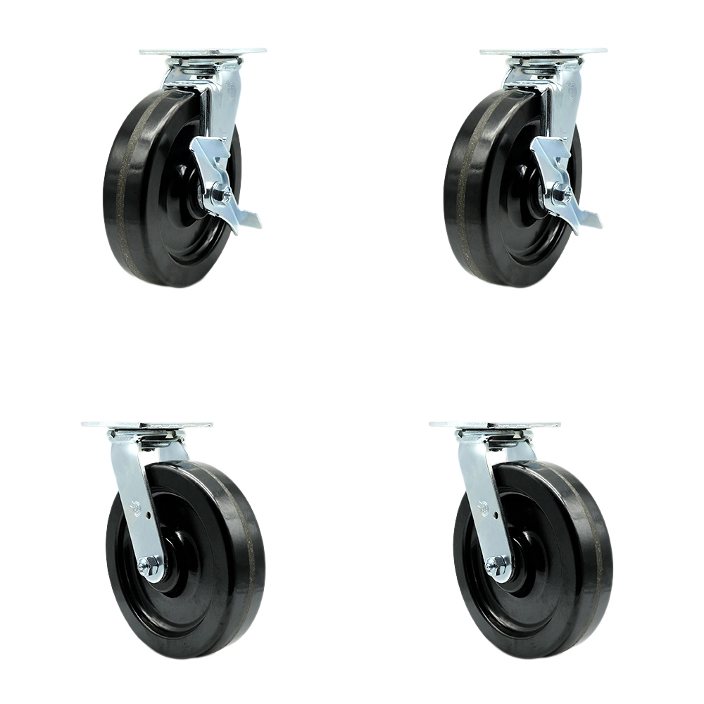 Phenolic Swivel Top Plate Casters Set 4 Heavy Duty with 8 Inch Wheels - Includes 2 Swivel with Brakes and Bolt on Swivel Locks and 2 Swivel with Bolt on Swivel Locks - Service Caster Brand — photo 1