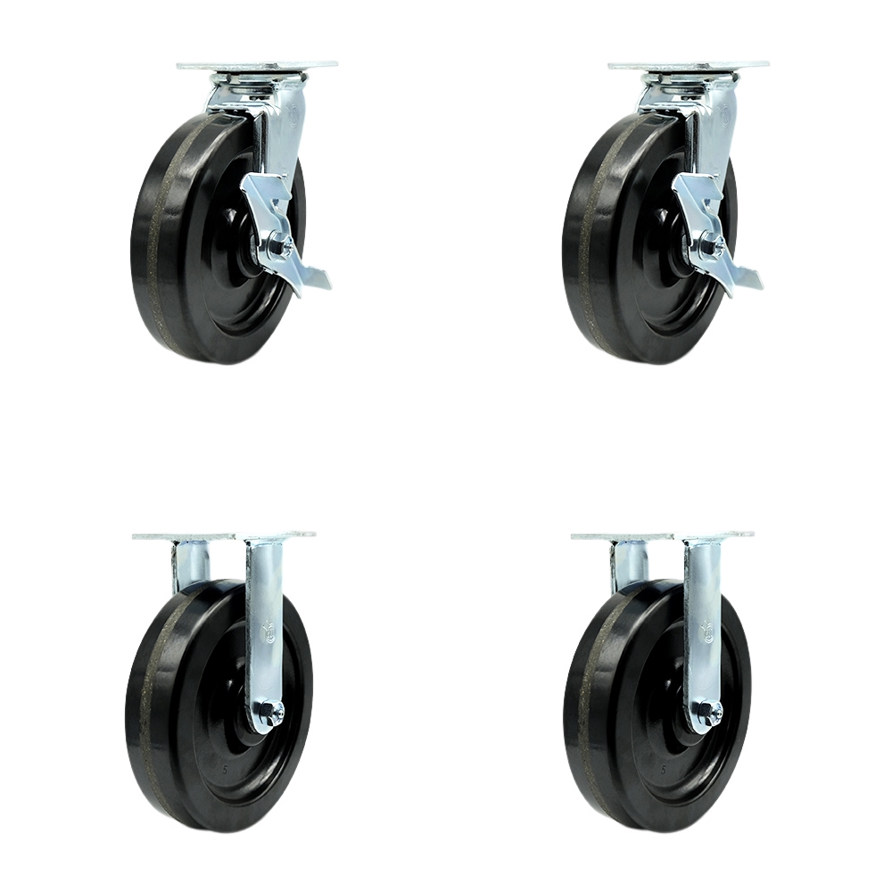 Phenolic Swivel Top Plate Casters Set of 4 Heavy Duty with 8 Inch Wheels - Includes 2 Swivel with Brakes and Bolt on Swivel Locks and 2 Rigid - 5,000 lbs. Total Capacity - Service Caster Brand — photo 1
