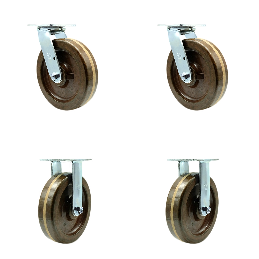 High Temperature Phenolic Swivel Top Plate Casters Set of 4 Heavy Duty with 8 Inch Wheels - Includes 2 Swivel and 2 Rigid – 5,000 lbs. Total Capacity - Service Caster Brand — photo 1