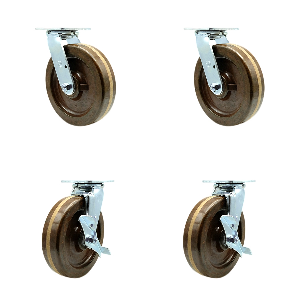 High Temperature Phenolic Swivel Top Plate Casters Set of 4 Heavy Duty with 8 Inch Wheels - Includes 2 Swivel with Brakes and 2 Swivel – 5,000 lbs. Total Capacity - Service Caster Brand — photo 1