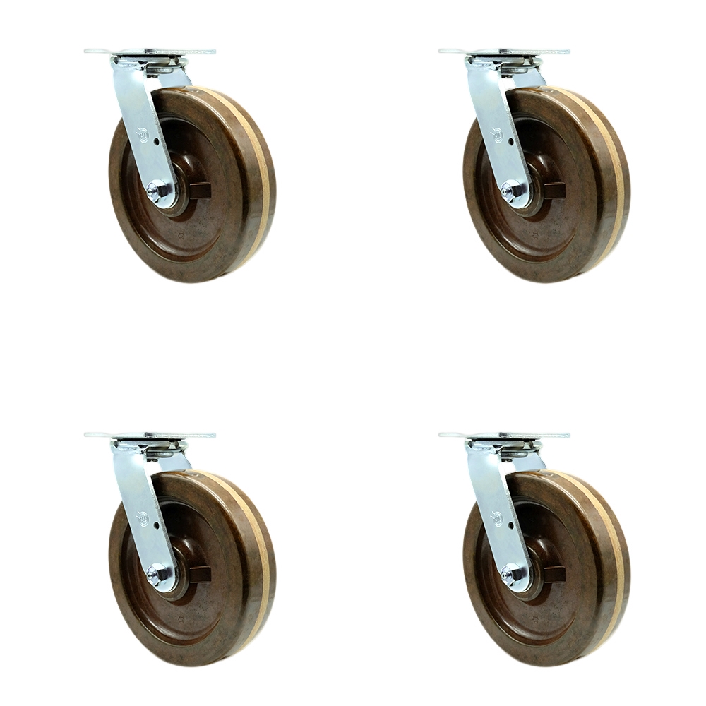 Heavy Duty Swivel Caster Set of 4 with 8 Inch High Temperature Phenolic Wheels and Bronze Bearings - Includes 4 Swivel - 5,000 lbs. Total Capacity - Service Caster Brand — photo 1