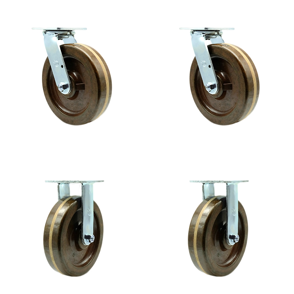 High Temperature Phenolic Swivel Top Plate Casters Set of 4 Heavy Duty with 8 Inch Wheels - Includes 2 Swivel with Bolt on Swivel Locks and 2 Rigid – 5,000 lbs. Total Capacity - Service Caster Brand — photo 1