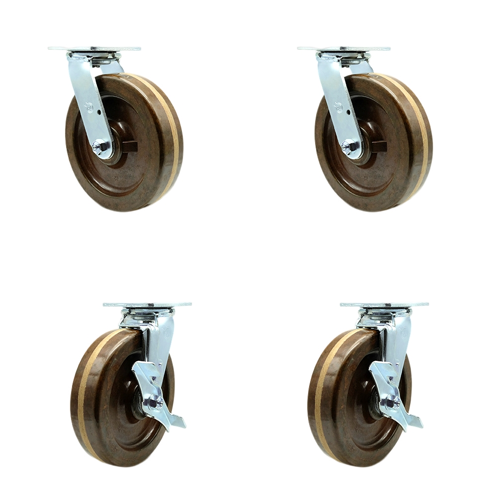 Heavy Duty Swivel Caster Set of 4 with 8 Inch High Temperature Phenolic Wheels and Bronze Bearings - Includes 2 Swivel with Bolt on Swivel Locks and 2 Swivel with Brakes - Service Caster Brand — photo 1