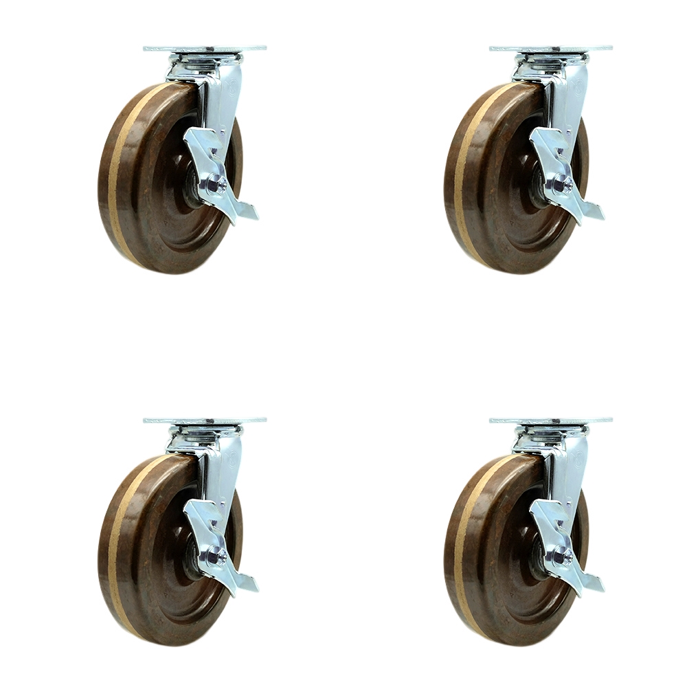 High Temperature Phenolic Swivel Top Plate Casters Set of 4 Heavy Duty with 8 Inch Wheels - Includes 4 Swivel with Top Lock Brakes – 5,000 lbs. Total Capacity - Service Caster Brand — photo 1