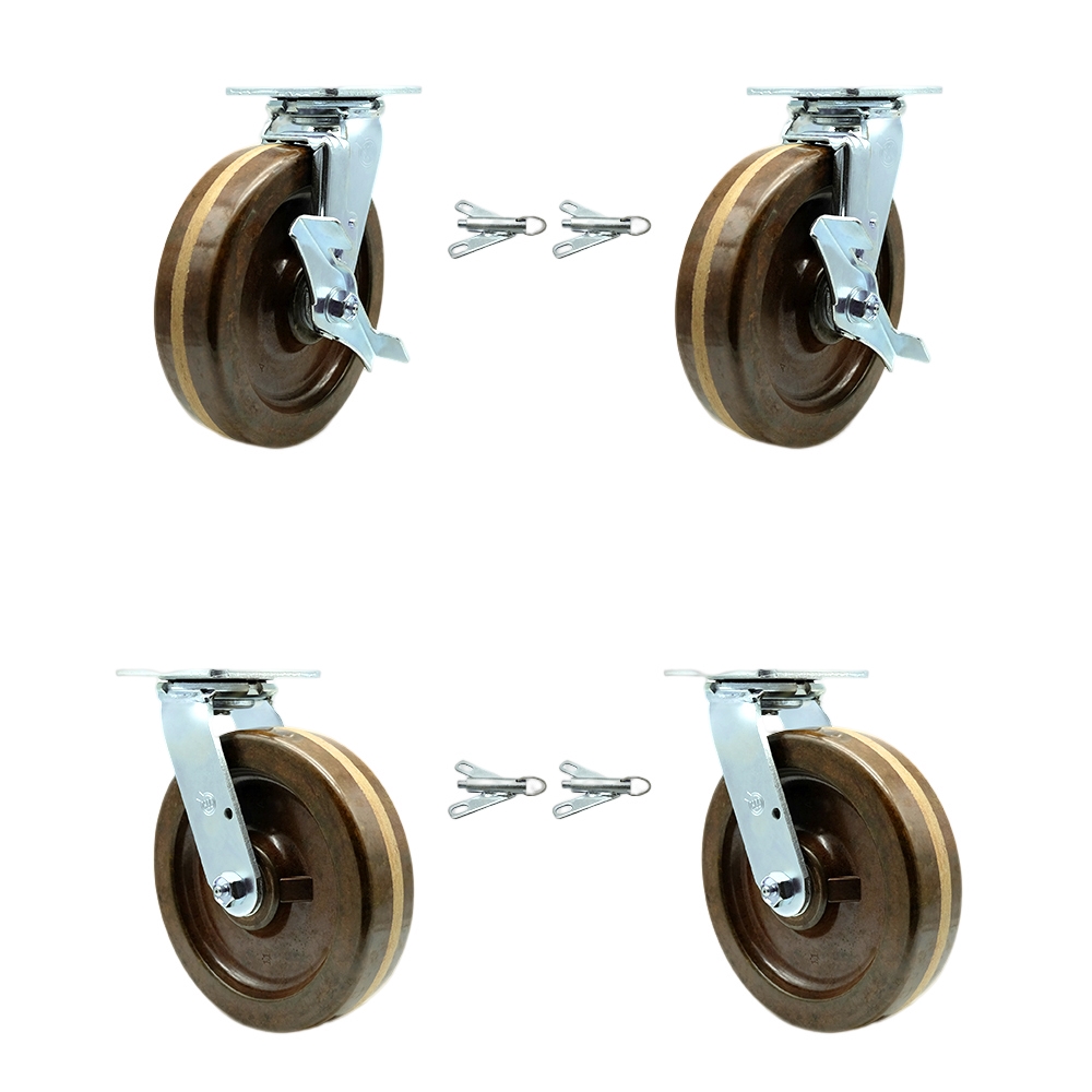 High Temp Phenolic Swivel Top Plate Casters Set 4 Heavy Duty with 8 Inch Wheels - Includes 2 Swivel with Brakes and Bolt on Swivel Locks and 2 Swivel with Bolt on Swivel Locks - Service Caster Brand — photo 1