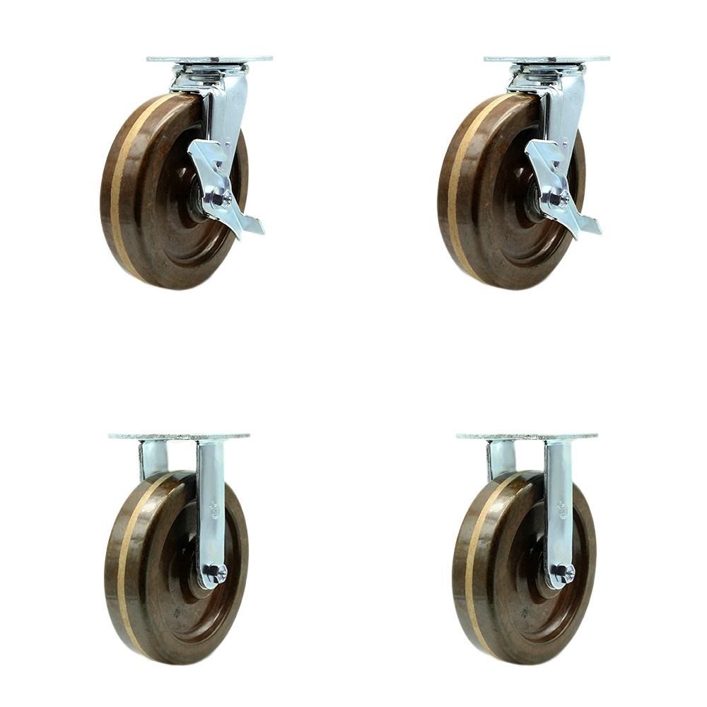 Heavy Duty Swivel Caster Set of 4 with 8 Inch High Temperature Phenolic Wheels and Bronze Bearings - Includes 2 Swivel with Brakes and Bolt on Swivel Locks and 2 Rigid - Service Caster Brand — photo 1