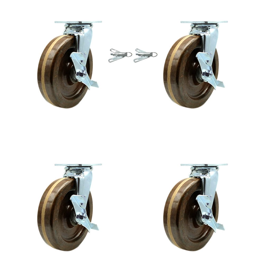 Heavy Duty Swivel Caster Set of 4 with 8 Inch High Temp Phenolic Wheels and Bronze Bearings - Includes 2 Swivel with Brakes and Bolt on Swivel Locks and 2 Swivel with Brakes - Service Caster Brand — photo 1
