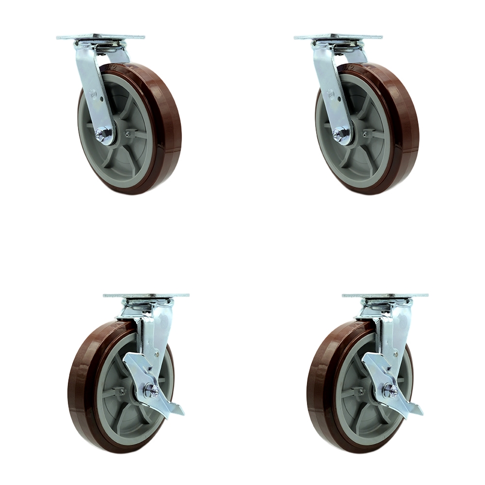 Heavy Duty Swivel Caster Set of 4 with 8 Inch Polyurethane Wheels and Ball Bearings - Includes 2 Swivel with Brakes and 2 Swivel - 4,000 lbs. Total Capacity - Service Caster Brand — photo 1