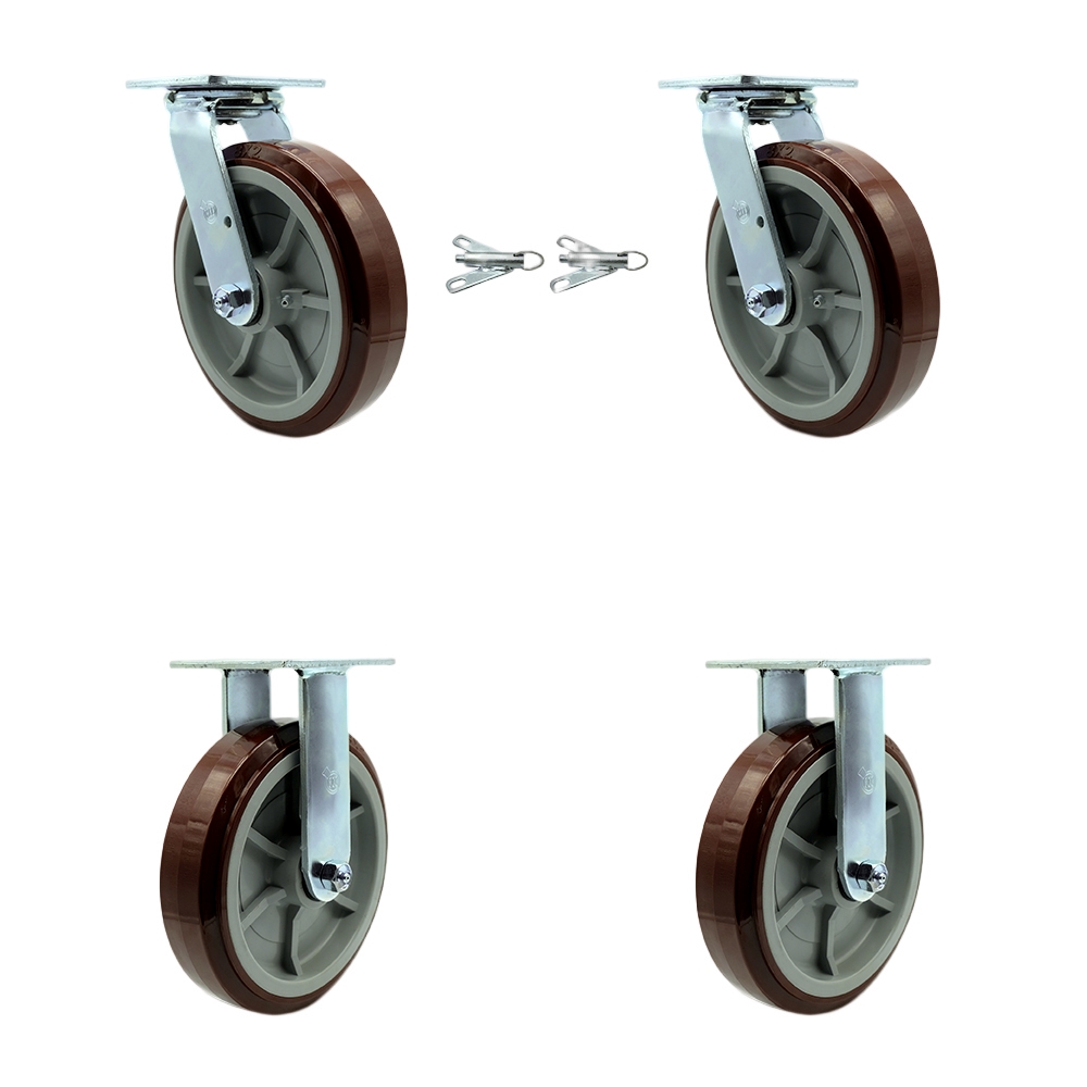 Polyurethane Swivel Top Plate Casters Set of 4 Heavy Duty with 8 Inch Wheels - Includes 2 Swivel with Bolt on Swivel Locks and 2 Rigid – 4,000 lbs. Total Capacity - Service Caster Brand — photo 1