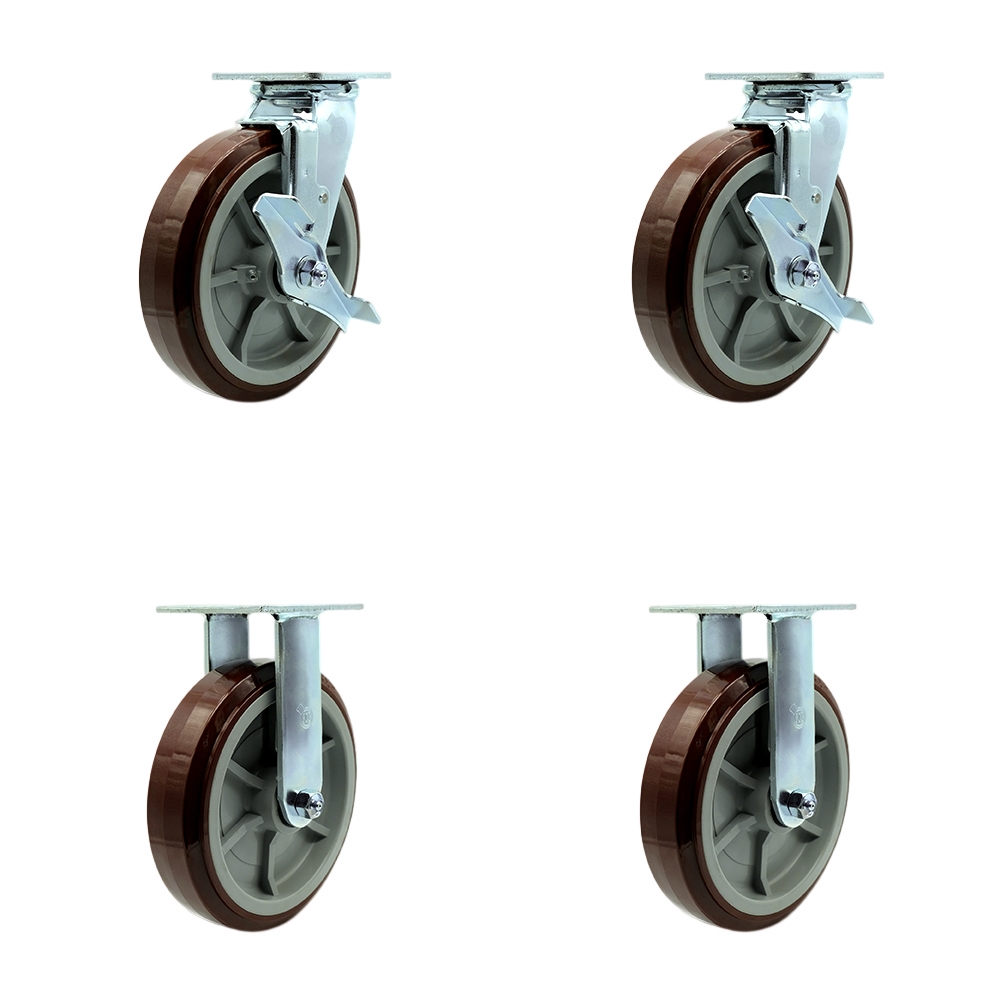 Polyurethane Swivel Top Plate Casters Set of 4 Heavy Duty with 8 Inch Wheels - Includes 2 Swivel with Brakes and 2 Rigid – 4,000 lbs. Total Capacity - Service Caster Brand — photo 1