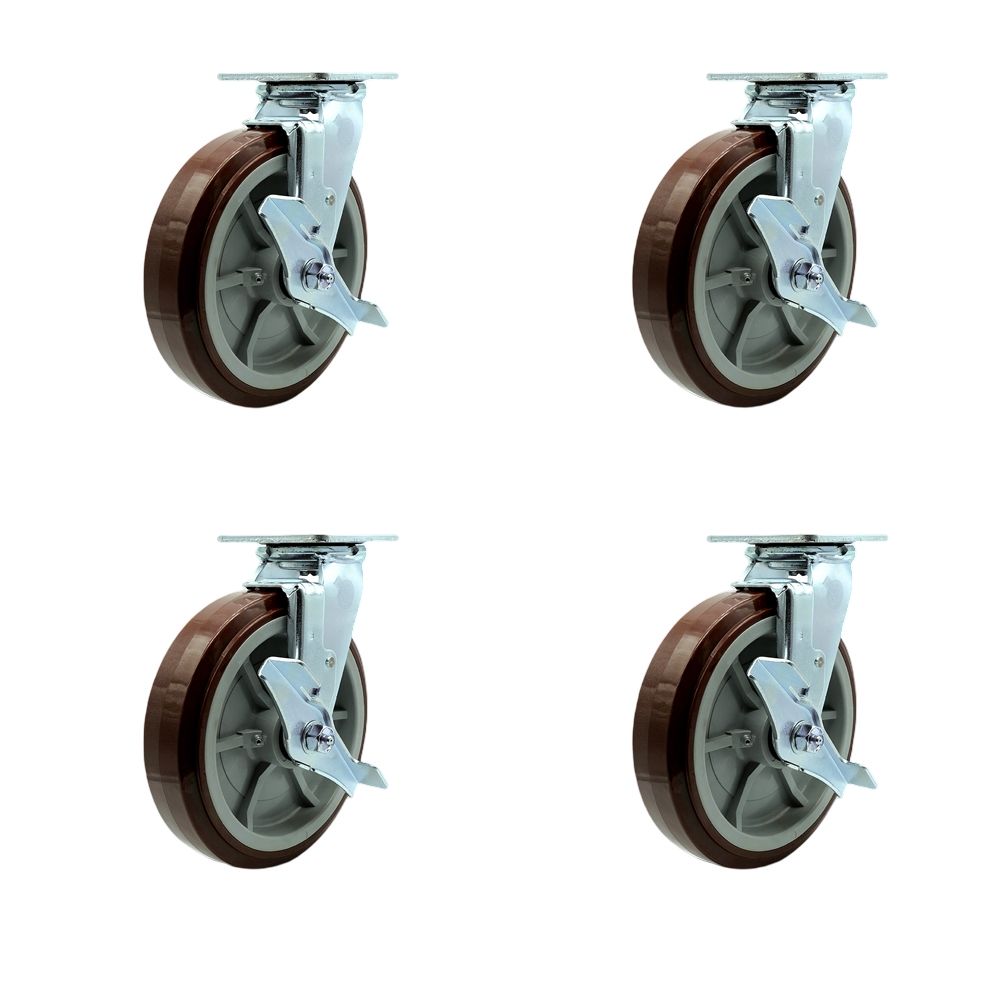 Polyurethane Swivel Top Plate Casters Set of 4 Heavy Duty with 8 Inch Wheels - Includes 4 Swivel with Top Lock Brakes – 4,000 lbs. Total Capacity - Service Caster Brand — photo 1
