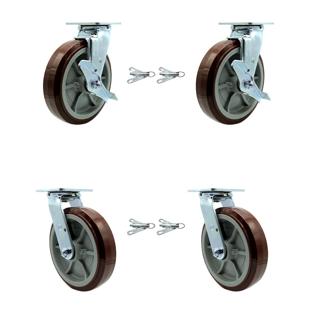 Polyurethane Swivel Top Plate Casters Set 4 Heavy Duty with 8 Inch Wheels- Includes 2 Swivel with Brakes and Bolt on Swivel Locks and 2 Swivel with Bolt on Swivel Locks - Service Caster Brand — photo 1