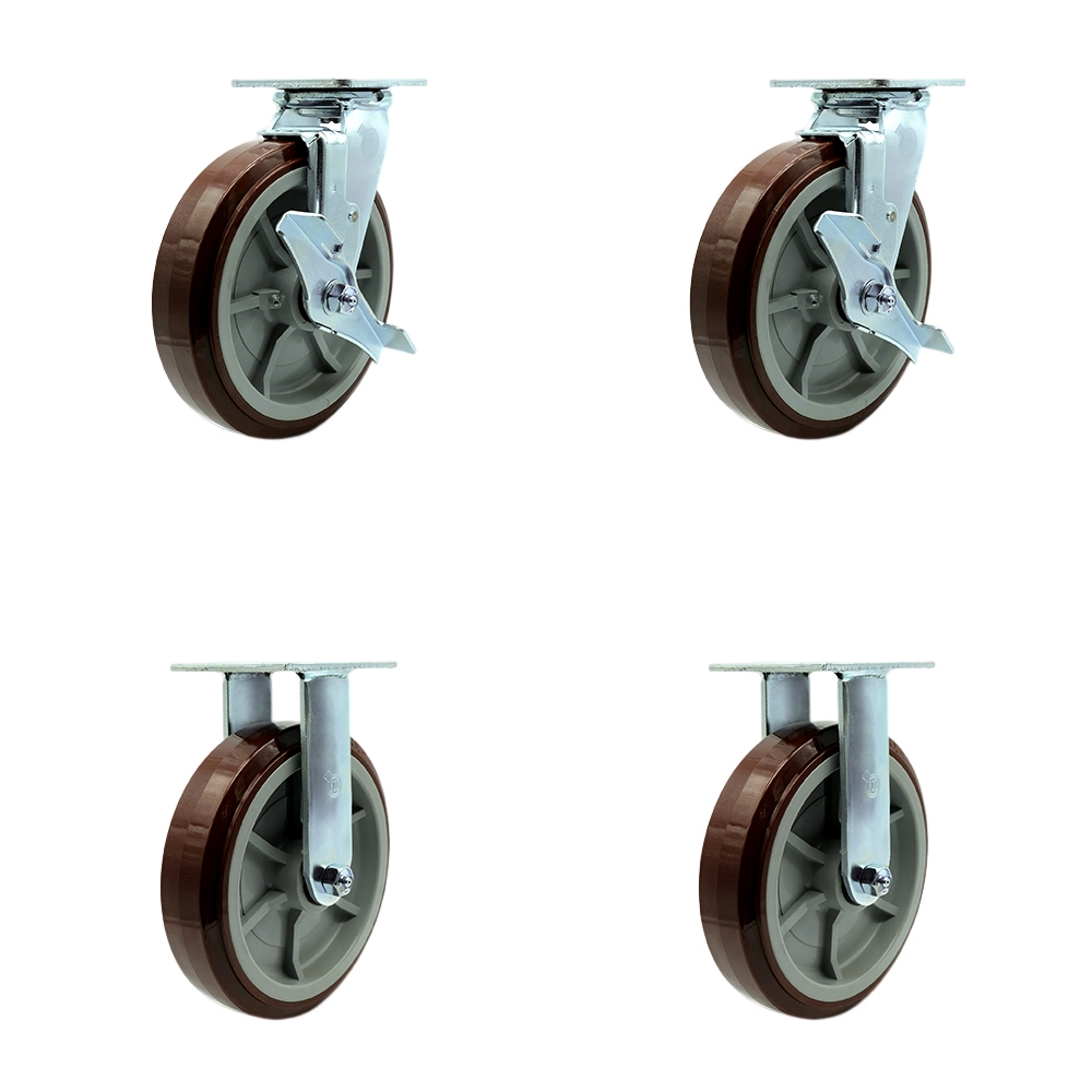 Heavy Duty Swivel Caster Set of 4 with 8 Inch Polyurethane Wheels and Ball Bearings -Includes 2 Swivel with Brakes and Bolt on Swivel Locks and 2 Rigid-4,000 lbs. Total Capacity - Service Caster Brand — photo 1