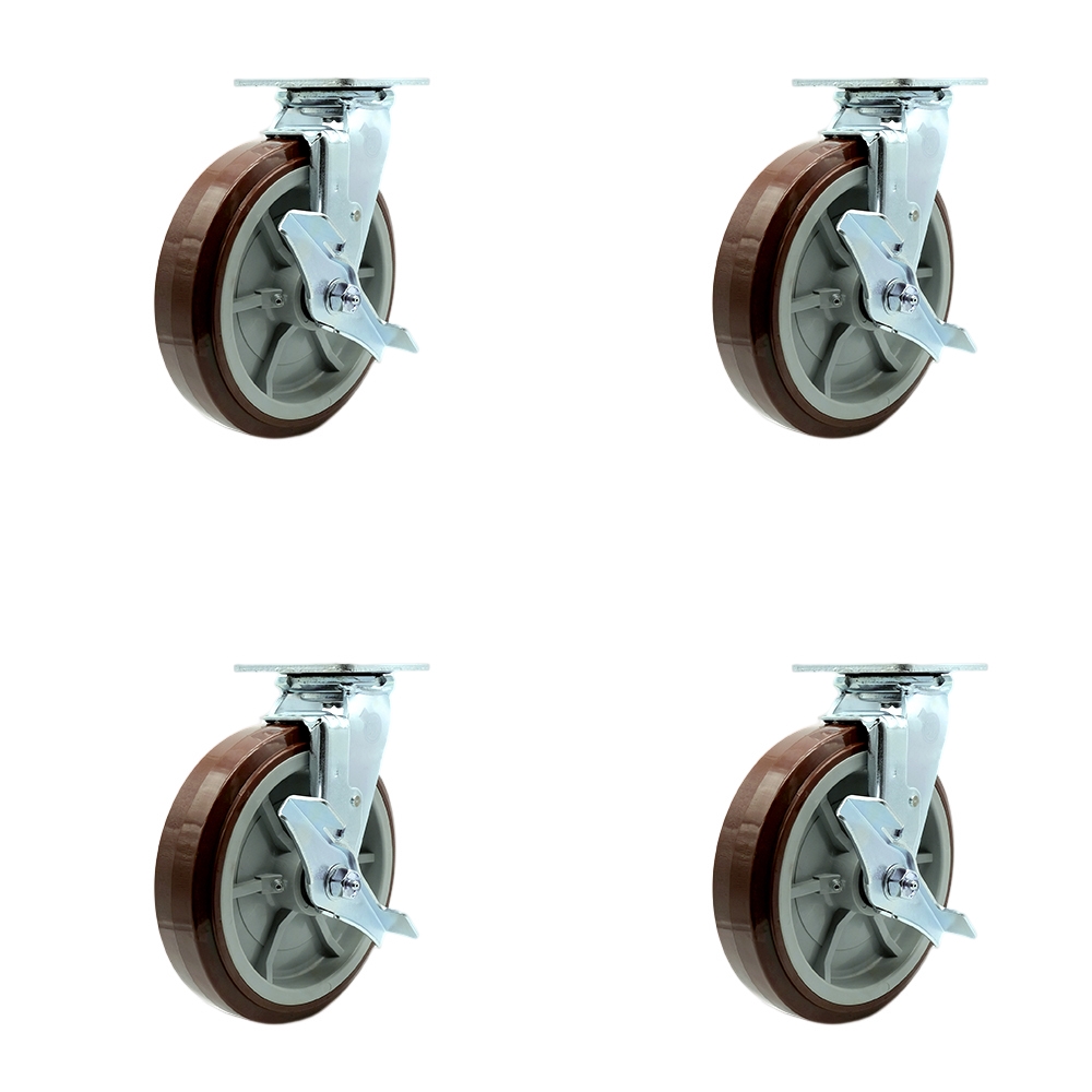 Polyurethane Swivel Top Plate Casters Set of 4 Heavy Duty with 8 Inch Wheels - Includes 4 Swivel with Top Lock Brakes and Bolt on Swivel Locks – 4,000 lbs. Total Capacity - Service Caster Brand — photo 1