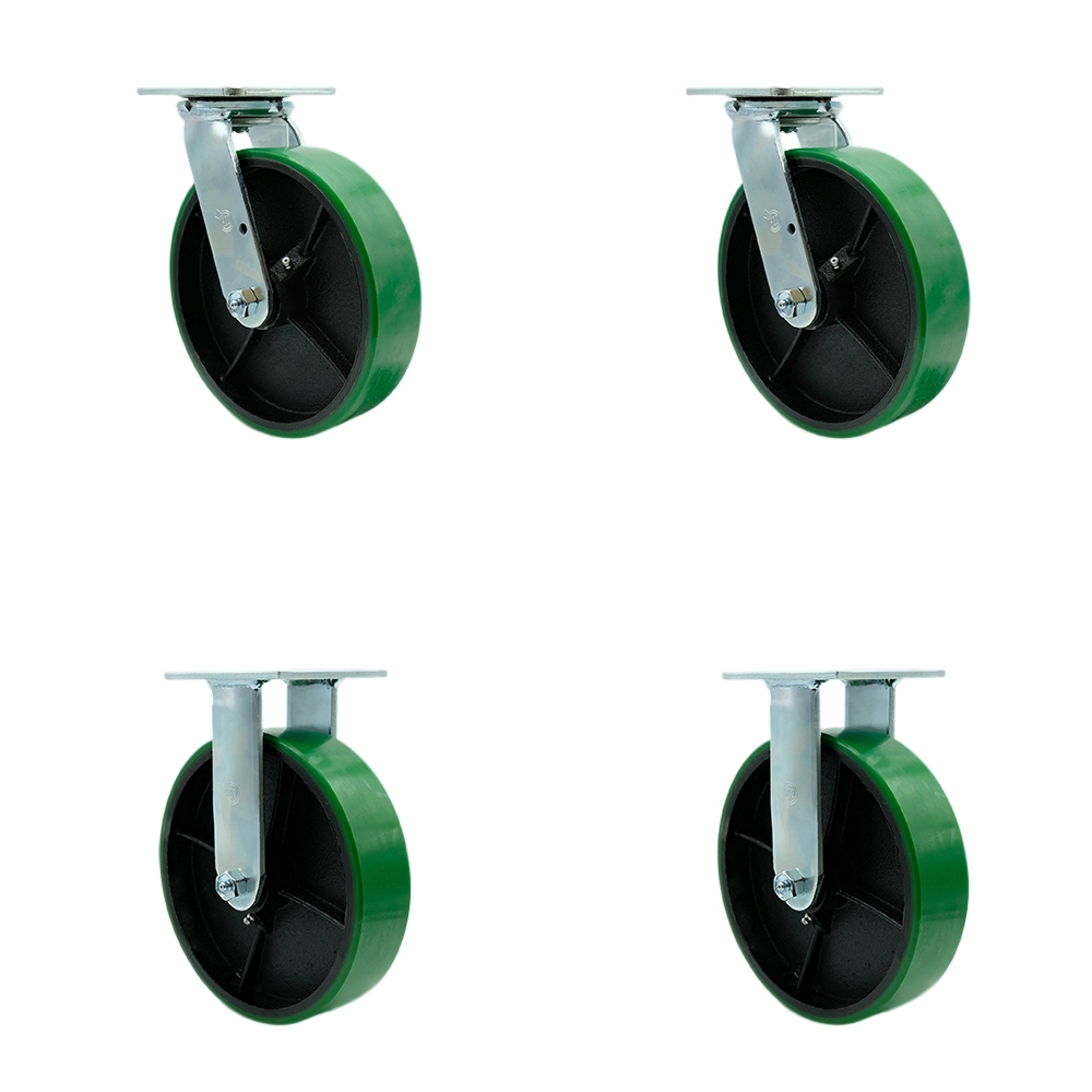 Service Caster Brand Replacement Set for Hippo Hopper Casters PC8-2-SET - Top Plate Caster with 8 Inch Green Polyurethane on Cast Iron Wheel - Includes 2 Swivel & 2 Rigid – 5,000 lbs. Total Capacity — photo 1