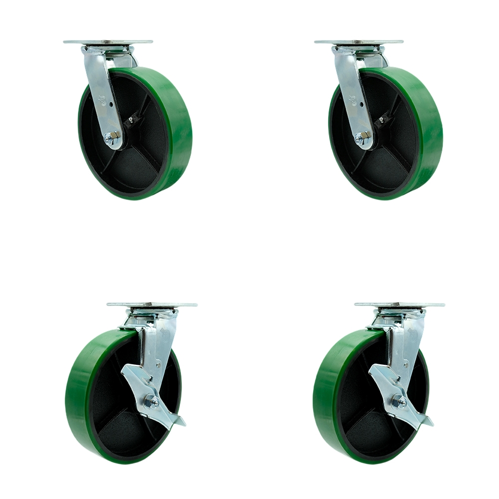 Heavy Duty Swivel Caster Set of 4 with 8 Inch Green Polyurethane on Cast Iron Wheels and Ball Bearings - Includes 2 Swivel with Brakes and 2 Swivel - 5,000 lbs. Total Capacity - Service Caster Brand — photo 1