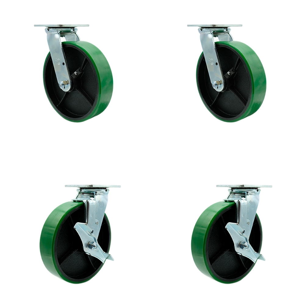 Polyurethane on Cast Iron Swivel Top Plate Casters Set of 4 Heavy Duty with 8 Inch Green Wheels - Includes 2 Swivel with Bolt on Swivel Locks and 2 Swivel with Brakes - Service Caster Brand — photo 1