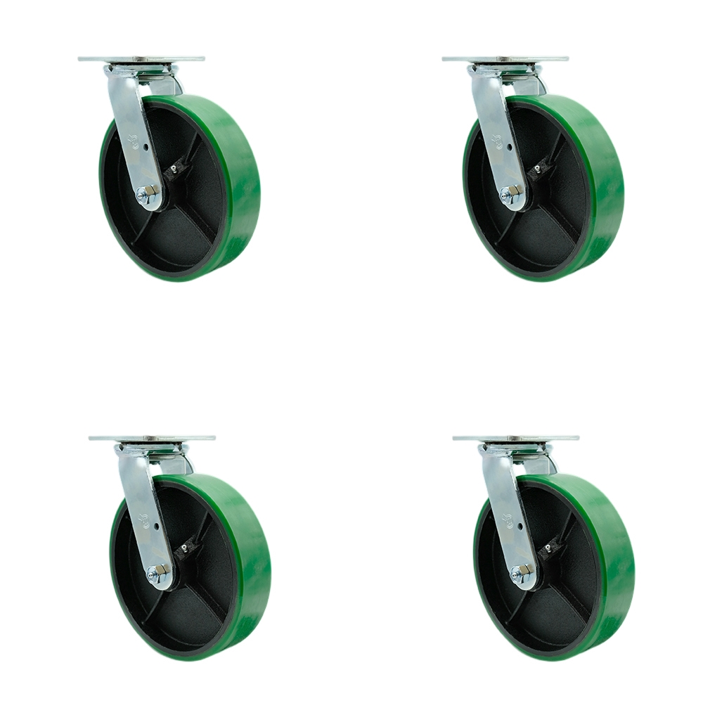 Polyurethane on Cast Iron Swivel Top Plate Casters Set of 4 Heavy Duty with 8 Inch Green Wheels - Includes 4 Swivel with Bolt on Swivel Locks – 5,000 lbs. Total Capacity - Service Caster Brand — photo 1