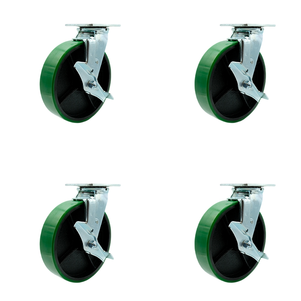 Polyurethane on Cast Iron Swivel Top Plate Casters Set of 4 Heavy Duty with 8 Inch Green Wheels - Includes 4 Swivel with Top Lock Brakes – 5,000 lbs. Total Capacity - Service Caster Brand — photo 1