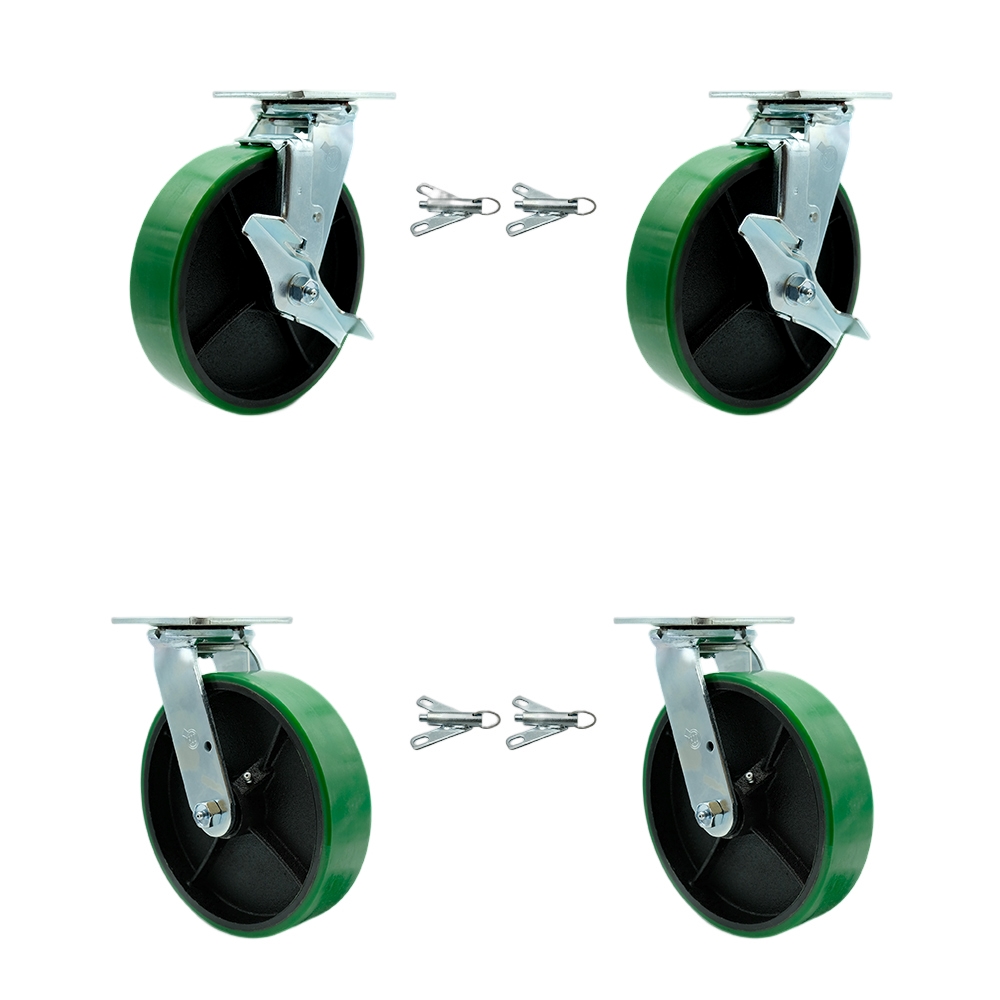 Poly on Cast Iron Swivel Top Plate Casters Set 4 Heavy Duty with 8 Inch Green Wheels-Includes 2 Swivel with Brakes and Bolt on Swivel Locks and 2 Swivel with Bolt on Swivel Locks- Service Caster Brand — photo 1