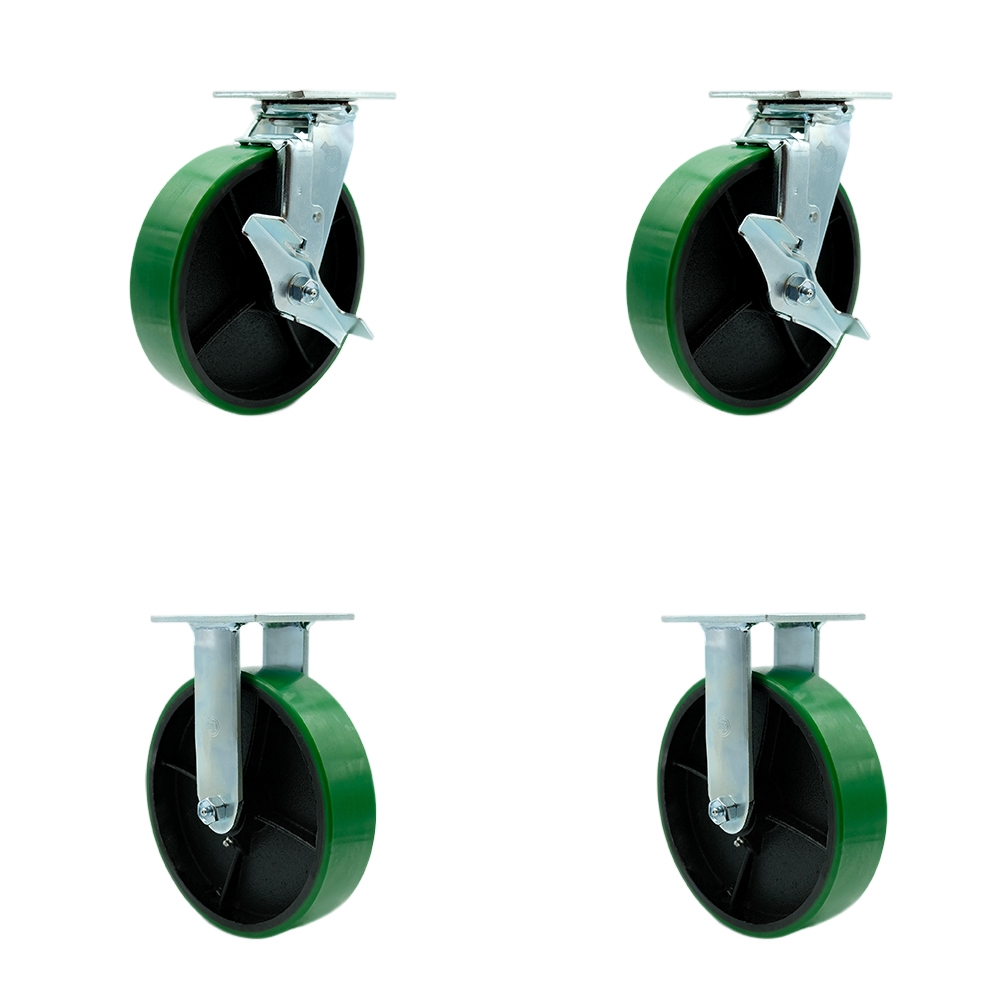 Heavy Duty Swivel Caster Set of 4 with 8 Inch Green Polyurethane on Cast Iron Wheels and Ball Bearings - Includes 2 Swivel with Brakes and Bolt on Swivel Locks and 2 Rigid - Service Caster Brand — photo 1