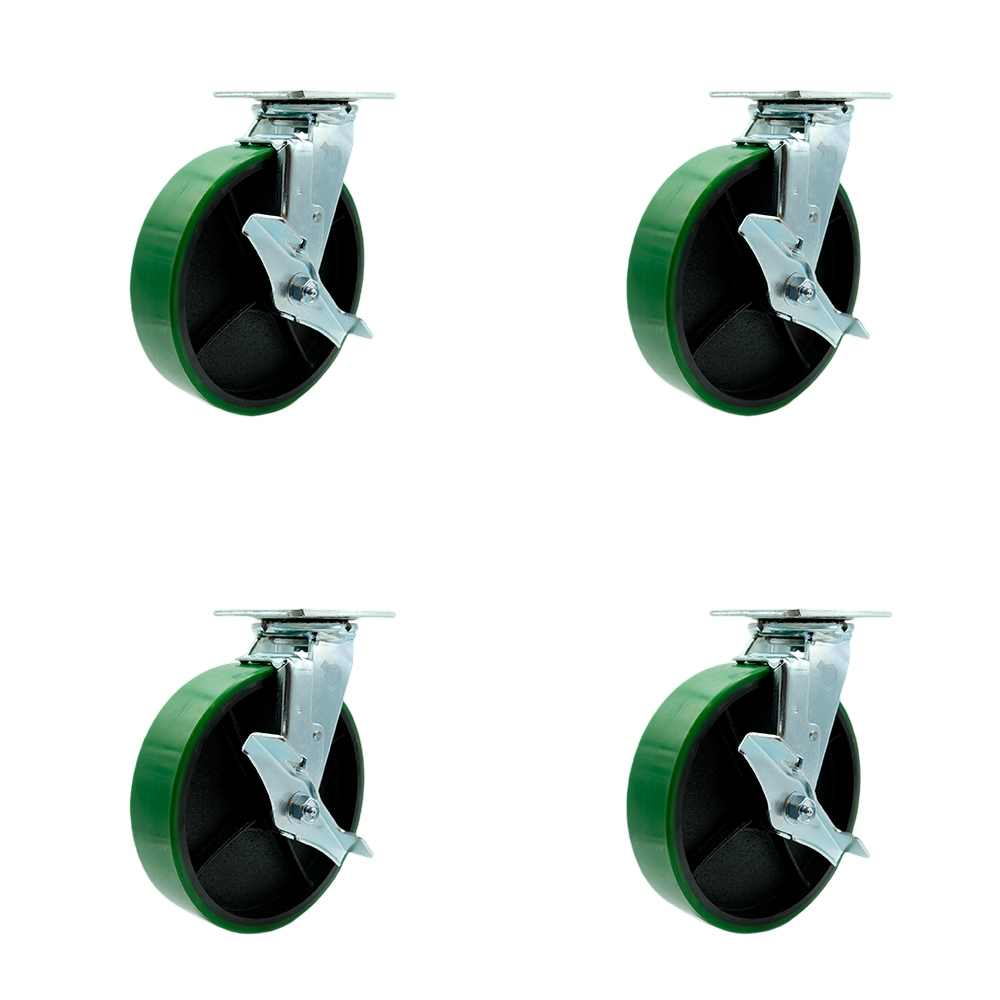 Heavy Duty Swivel Caster Set with 8 Inch Green Polyurethane on Cast Iron Wheels and Ball Bearings-Includes 2 Swivel with Brakes and Bolt on Swivel Locks and 2 Swivel with Brakes - Service Caster Brand — photo 1