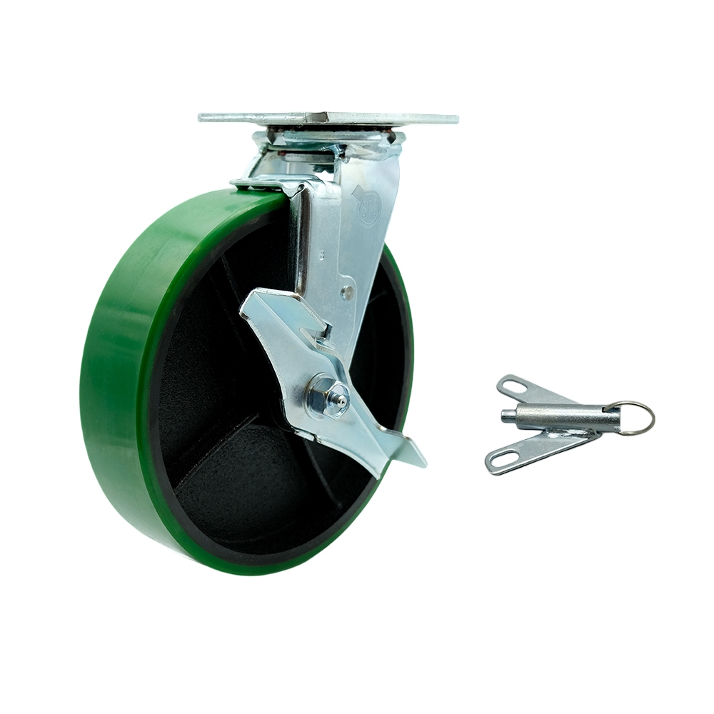 Polyurethane on Cast Iron Swivel Top Plate Heavy Duty Caster with 8 Inch Green Wheel and Top Lock Brake and Bolt on Swivel Lock – 1,250 lbs. Capacity/Caster - Service Caster Brand — photo 1