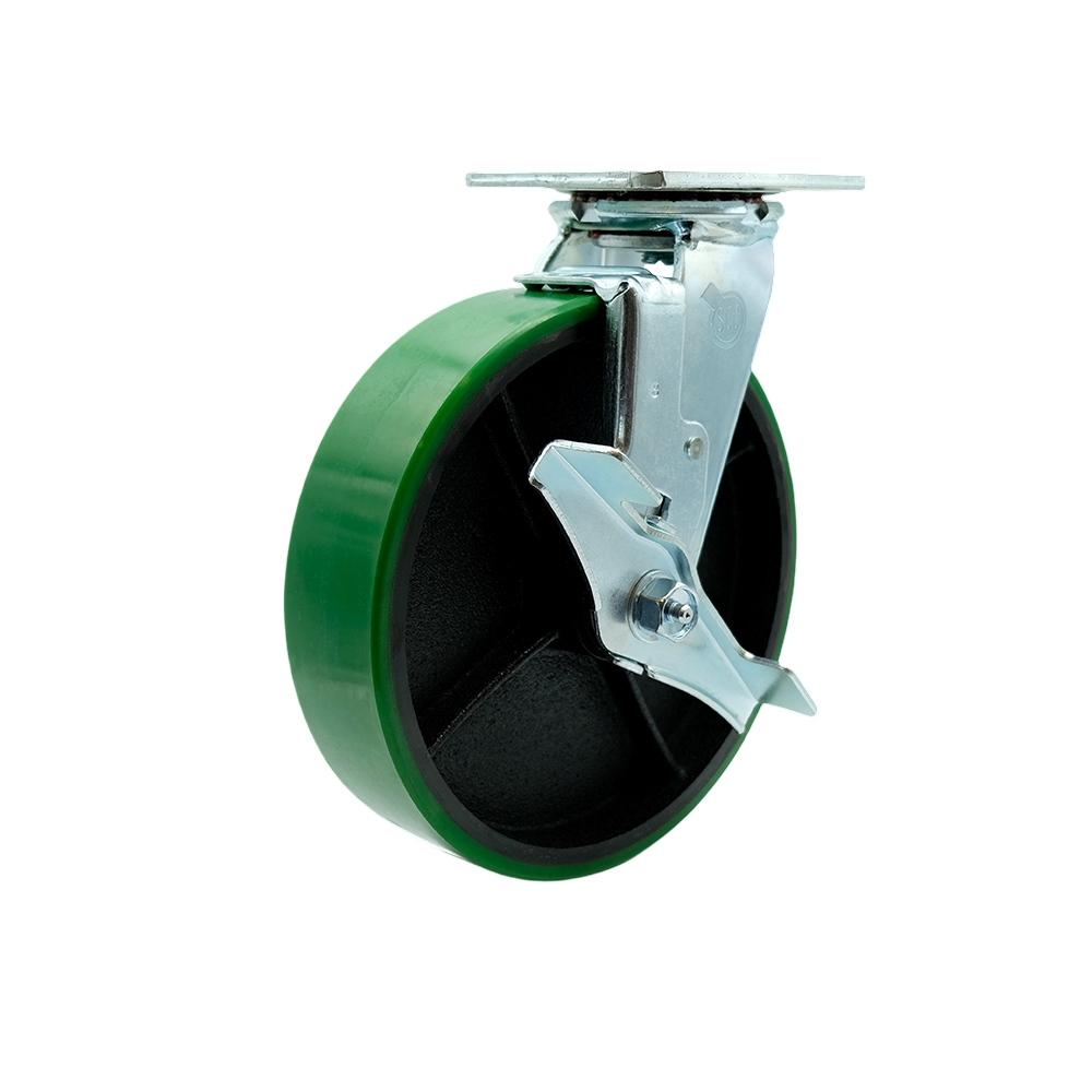 8" Heavy Duty Swivel Caster with Green Polyurethane on Iron Wheel and Brake - 1,250 lbs Capacity - Service Caster Brand — photo 1