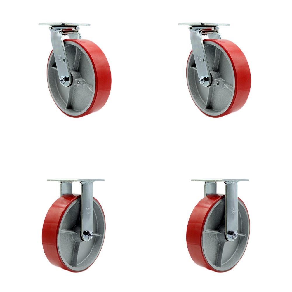 Service Caster Brand Replacement Set for Hippo Hopper Casters PC8-2-SET - Top Plate Caster with 8 Inch Red Polyurethane on Cast Iron Wheel - Includes 2 Swivel & 2 Rigid – 5,000 lbs. Total Capacity — photo 1