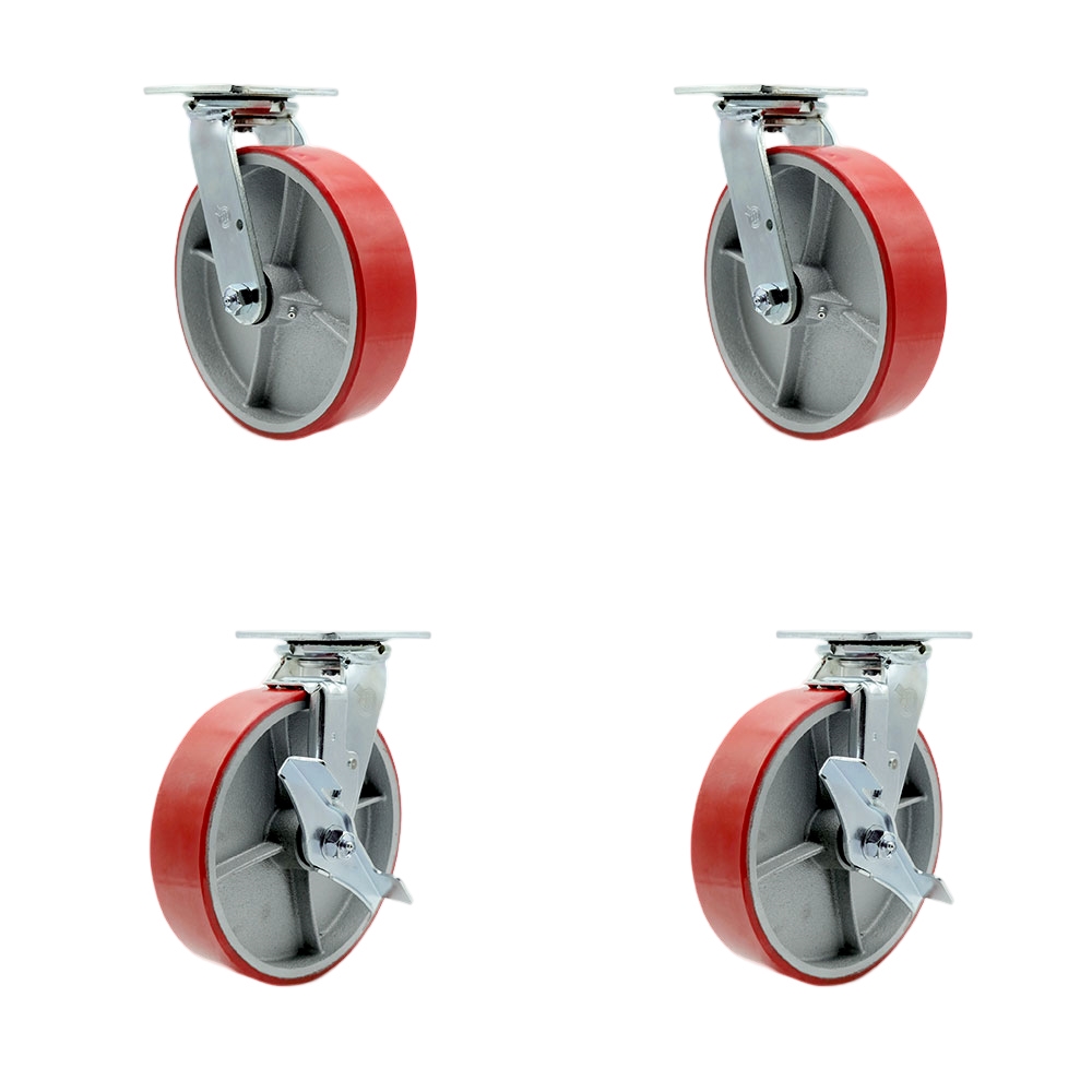 Heavy Duty Swivel Caster Set of 4 with 8 Inch Red Polyurethane on Cast Iron Wheels and Ball Bearings - Includes 2 Swivel with Brakes and 2 Swivel - 5,000 lbs. Total Capacity - Service Caster Brand — photo 1