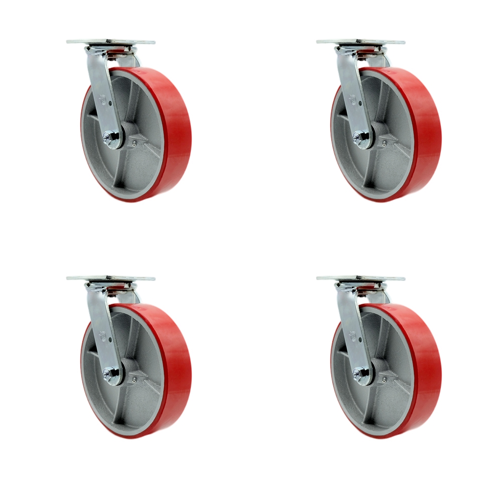 Polyurethane on Cast Iron Swivel Top Plate Casters Set of 4 Heavy Duty with 8 Inch Red Wheels - Includes 4 Swivel – 5,000 lbs. Total Capacity - Service Caster Brand — photo 1