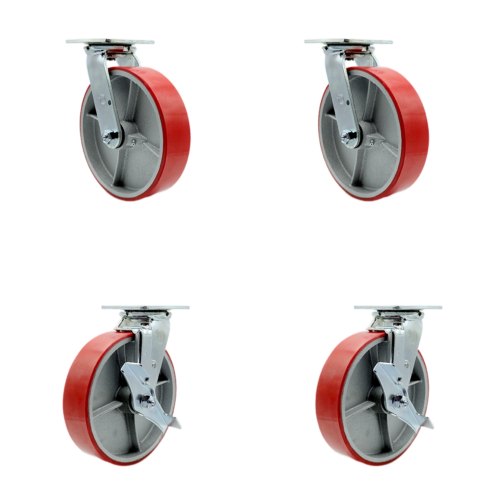 Polyurethane on Cast Iron Swivel Top Plate Casters Set of 4 Heavy Duty with 8 Inch Red Wheels - Includes 2 Swivel with Bolt on Swivel Locks and 2 Swivel with Brakes - Service Caster Brand — photo 1