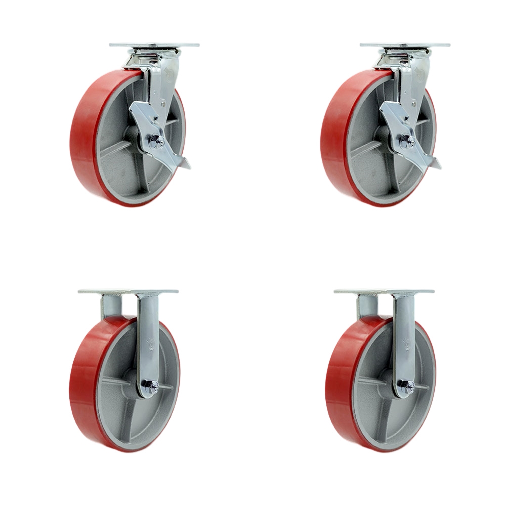 Polyurethane on Cast Iron Swivel Top Plate Casters Set of 4 Heavy Duty with 8 Inch Red Wheels - Includes 2 Swivel with Brakes and 2 Rigid – 5,000 lbs. Total Capacity - Service Caster Brand — photo 1