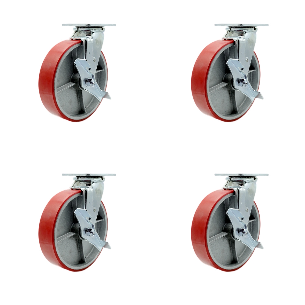 Polyurethane on Cast Iron Swivel Top Plate Casters Set of 4 Heavy Duty with 8 Inch Red Wheels - Includes 4 Swivel with Top Lock Brakes – 5,000 lbs. Total Capacity - Service Caster Brand — photo 1