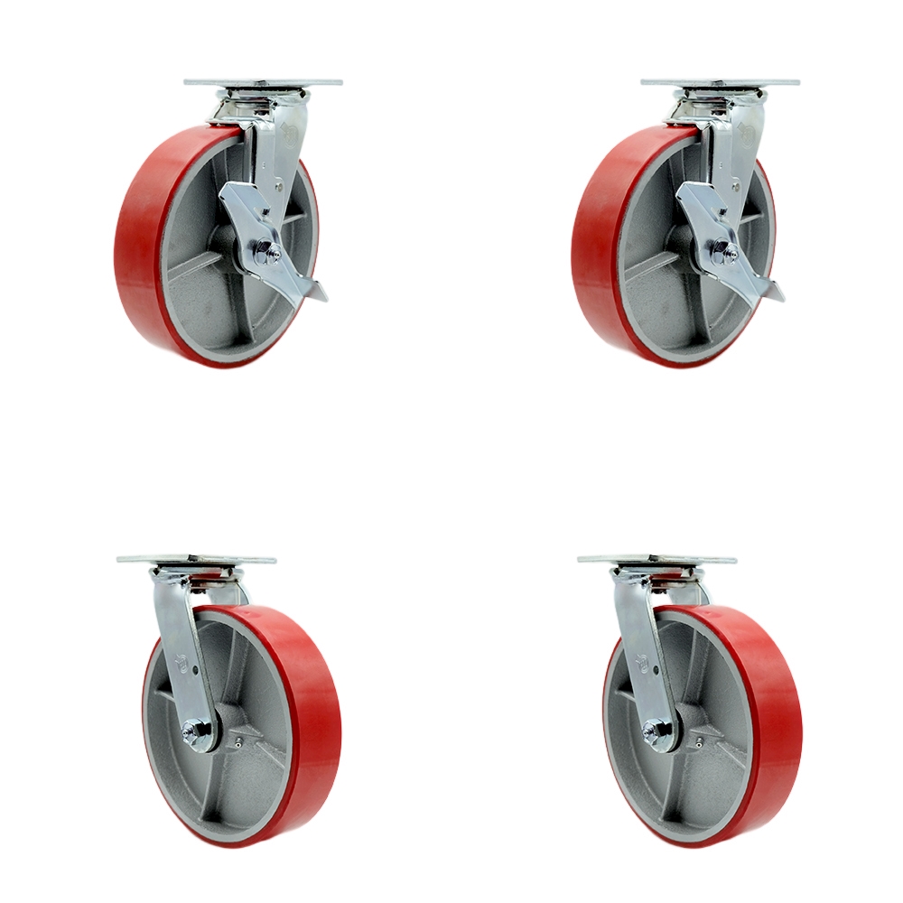 Heavy Duty Swivel Caster Set with 8 Inch Red Poly on Cast Iron Wheels and Ball Bearings-Include 2 Swivel with Brake and Bolt on Swivel Lock and 2 Swivel with Bolt on Swivel Lock-Service Caster Brand — photo 1