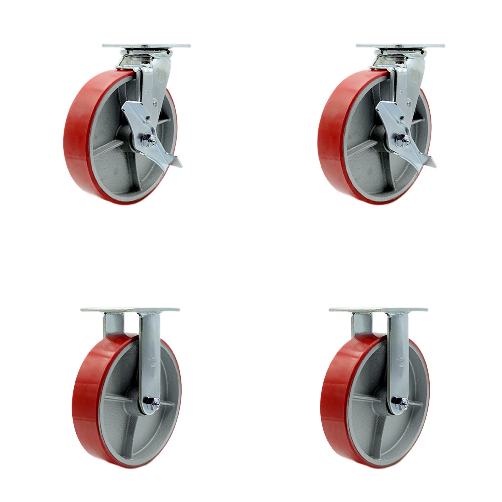 Heavy Duty Swivel Caster Set of 4 with 8 Inch Red Polyurethane on Cast Iron Wheels and Ball Bearings - Includes 2 Swivel with Brakes and Bolt on Swivel Locks and 2 Rigid - Service Caster Brand — photo 1
