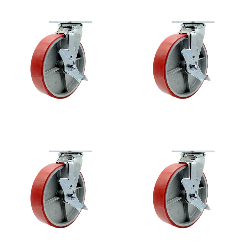 Polyurethane on Cast Iron Swivel Top Plate Casters Set of 4 Heavy Duty with 8 Inch Red Wheels - Includes 2 Swivel with Brakes and Bolt on Swivel Locks and 2 Swivel with Brakes - Service Caster Brand — photo 1