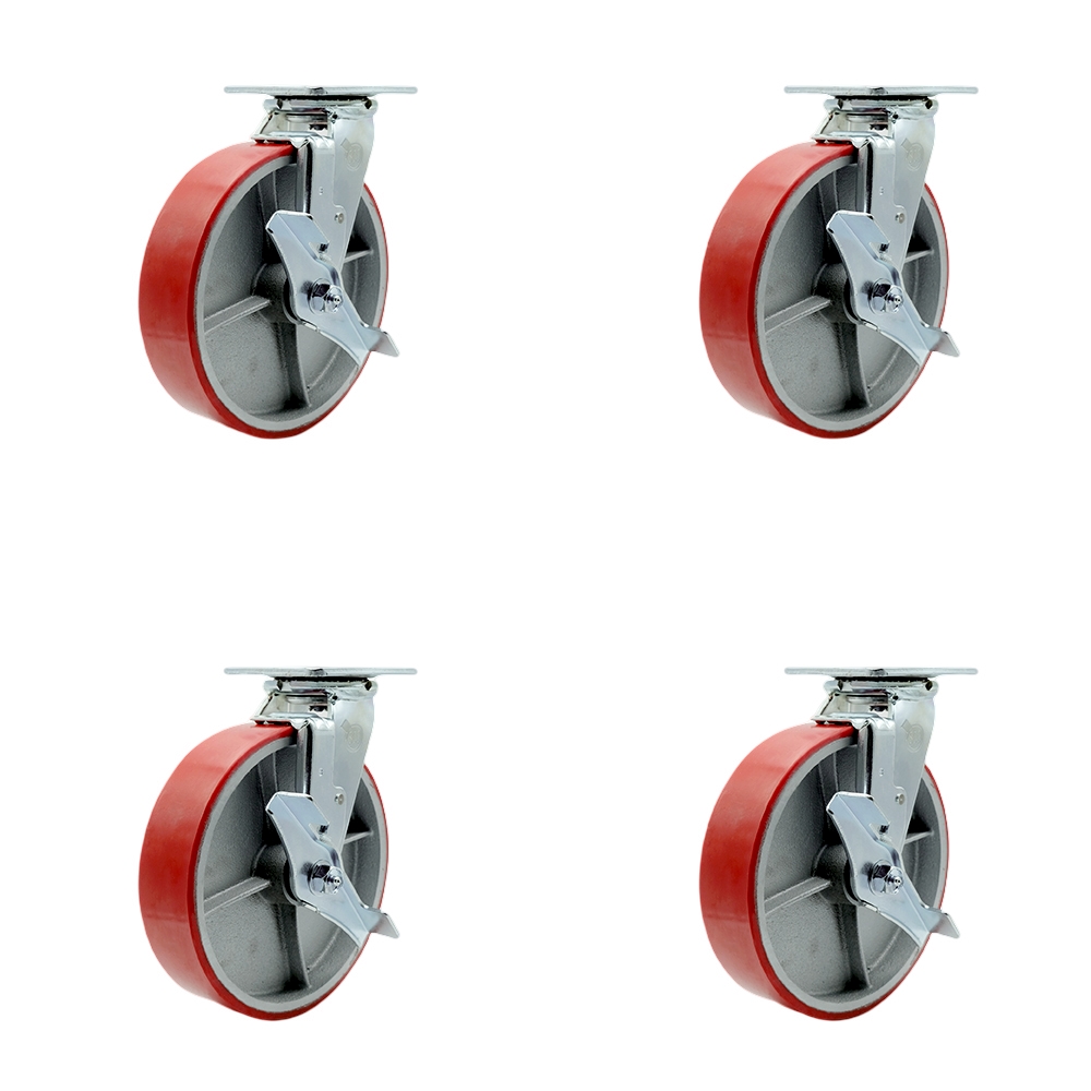 Polyurethane on Cast Iron Swivel Top Plate Casters Set of 4 Heavy Duty with 8 Inch Red Wheels - Includes 4 Swivel with Top Lock Brakes and Bolt on Swivel Locks - Service Caster Brand — photo 1