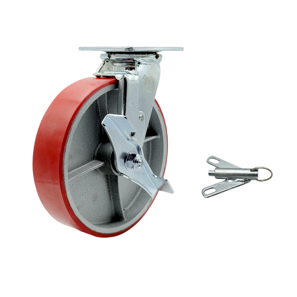 Polyurethane on Cast Iron Swivel Top Plate Heavy Duty Caster with 8 Inch Red Wheel and Top Lock Brake and Bolt on Swivel Lock – 1,250 lbs. Capacity/Caster - Service Caster Brand — photo 1