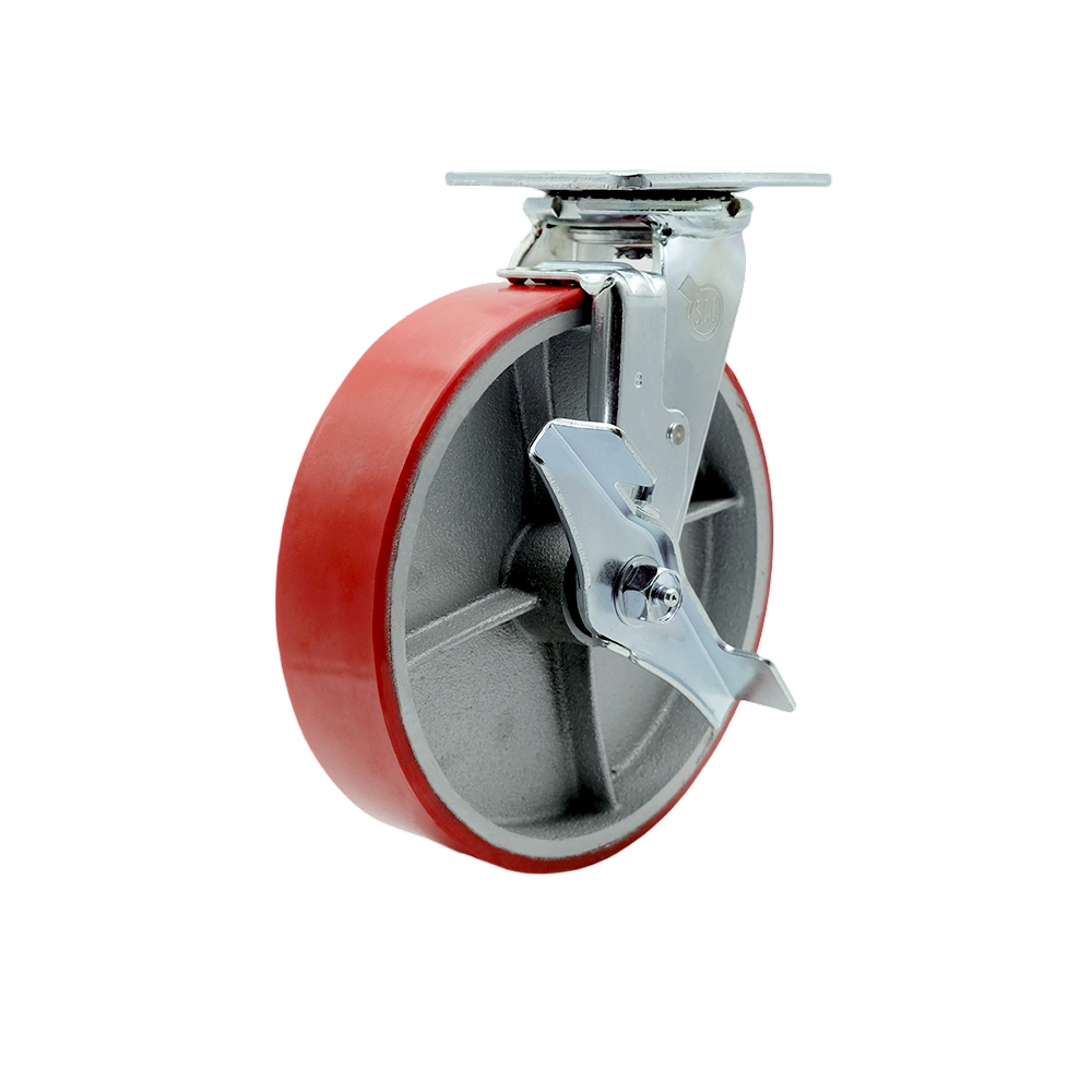 8" Heavy Duty Swivel Caster with Red Polyurethane on Iron Wheel and Brake - 1,250 lbs Capacity - Service Caster Brand — photo 1